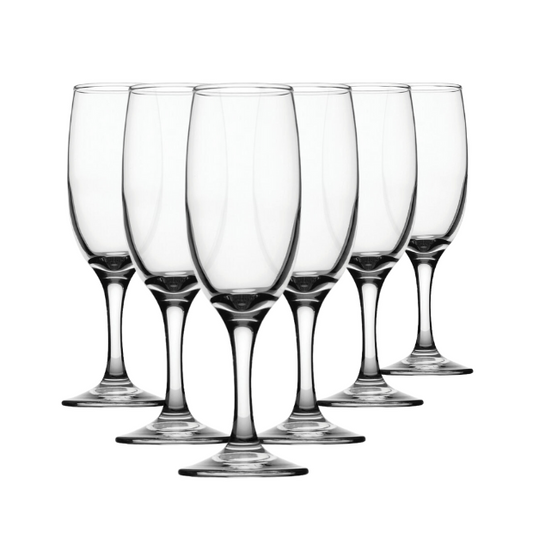 Set of six Clear champagne flutes with 190ml capacity from Glassware UK, elegant glassware for special occasions.