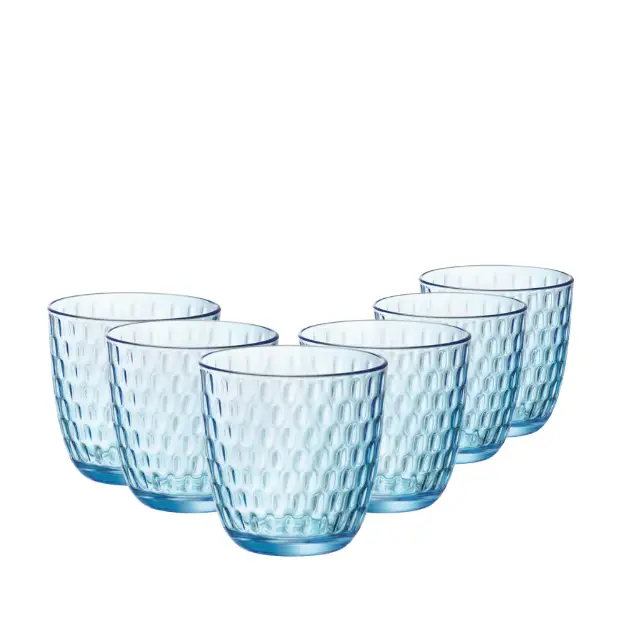 Set of six Bormioli Rocco Slot Blue whisky tumblers, 290ml glassware for water or spirits, with vibrant blue color.