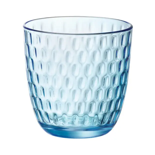 Set of six Bormioli Rocco Slot whisky tumblers in lively blue glass, 290ml capacity, designed for water or spirits.