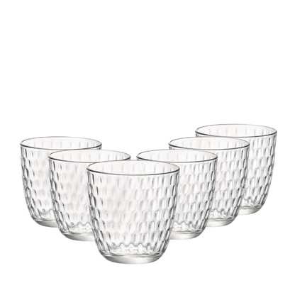 Set of six Bormioli Rocco Slot water glasses, 290ml whisky tumblers with clear glass design for stylish drinking.