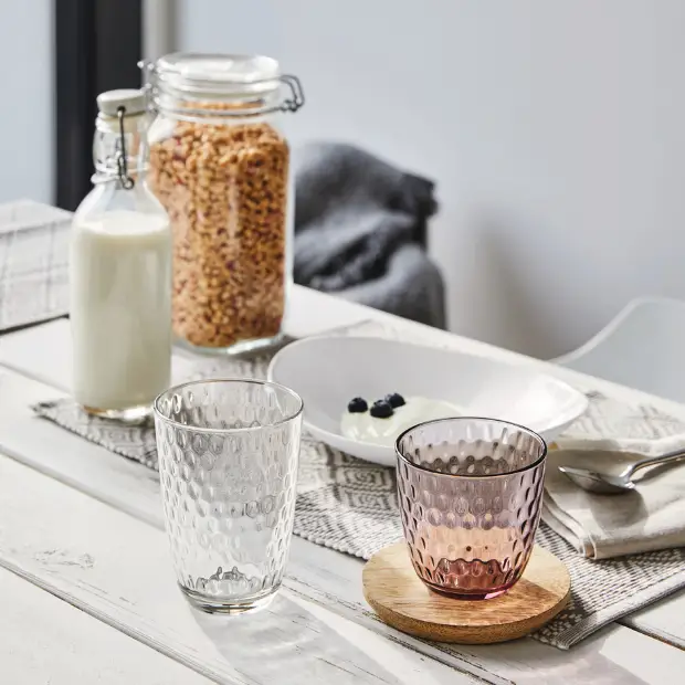 Set of six Bormioli Rocco Slot highball whiskey tumblers with 390ml capacity, clear glassware for water or spirits.
