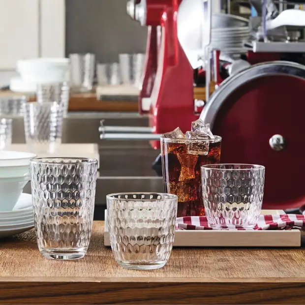 Set of six Bormioli Rocco Slot highball water glasses, 390ml whisky tumblers with clear glass design.