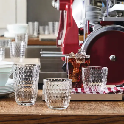 Set of six Bormioli Rocco Slot highball water glasses, 390ml whisky tumblers with clear glass design.