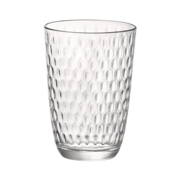 Set of six Bormioli Rocco Slot highball glasses, 390ml whisky tumblers with clear glass design from Glassware UK.