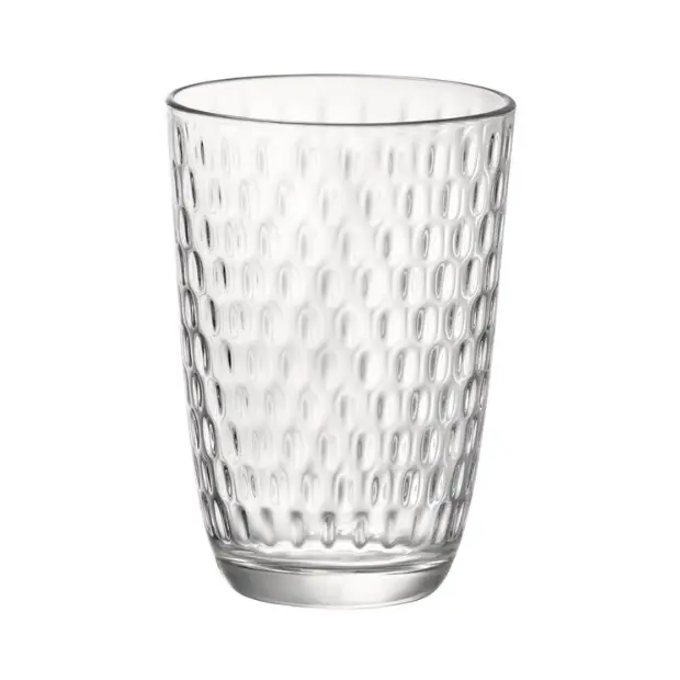 Six Bormioli Rocco Slot highball water glasses, 390ml whisky tumblers with clear glass design, set of 6 from Glassware UK.
