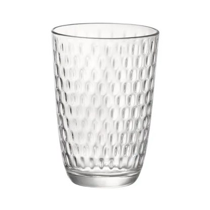 Six Bormioli Rocco Slot highball water glasses, 390ml whisky tumblers with clear glass design, set of 6 from Glassware UK.
