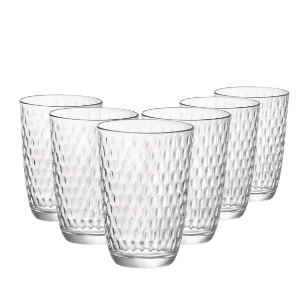 Set of six Bormioli Rocco Slot highball glasses, 390ml whisky tumblers with clear glass design for water and beverages.