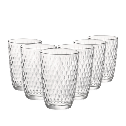 Set of six Bormioli Rocco Slot highball glasses, 390ml whisky tumblers with clear glass design for water and beverages.