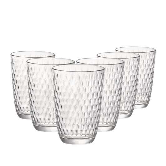 Set of six Bormioli Rocco Slot highball glasses, 390ml whisky tumblers with clear glass design for water and beverages.