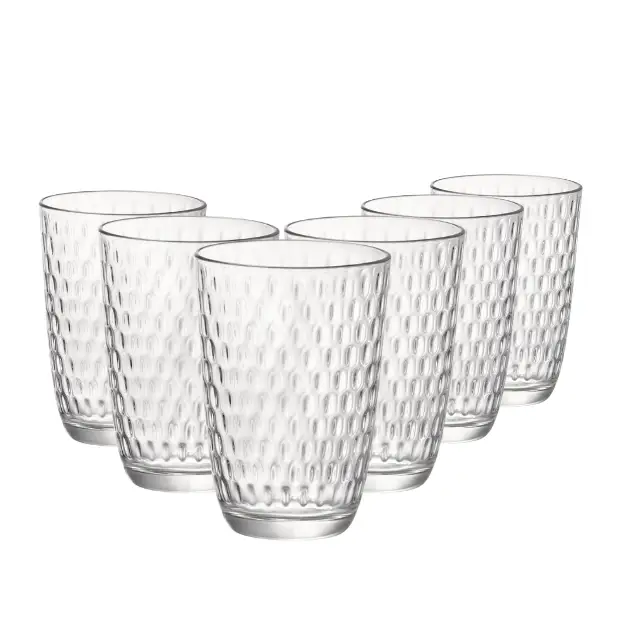 Set of six Bormioli Rocco Slot highball water glasses, 390ml whisky tumblers from Glassware UK, clear glass with a sleek design.