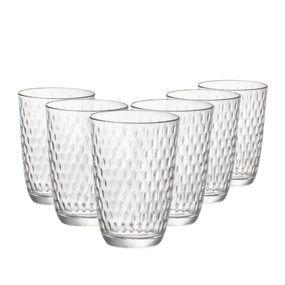 Set of six Bormioli Rocco Slot highball water glasses, 390ml whisky tumblers from Glassware UK, clear glass with a sleek design.
