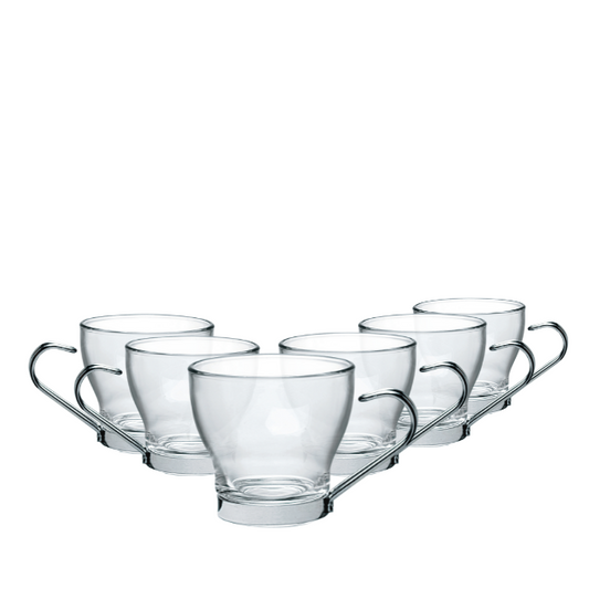 Set of six Bormioli Rocco 100ml coffee punch glasses with clear glass design from Glassware UK, perfect for serving beverages.