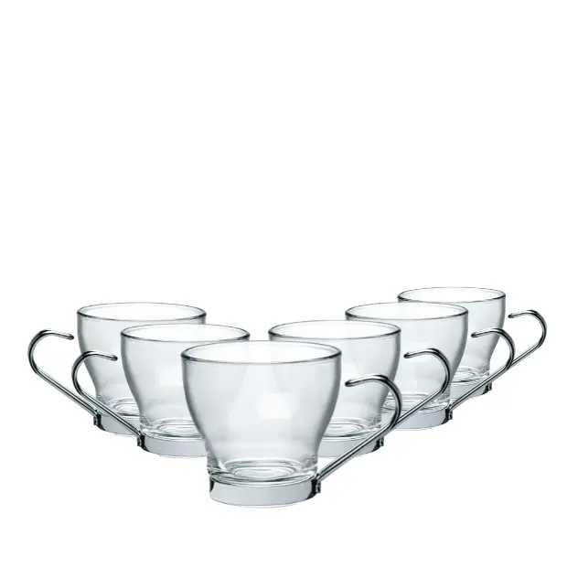 Set of six Bormioli Rocco 100ml coffee punch glasses with clear glassware design, ideal for serving hot or cold beverages.