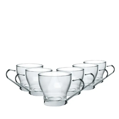 Set of six Bormioli Rocco 100ml coffee punch glasses with clear glassware design, ideal for serving hot or cold beverages.