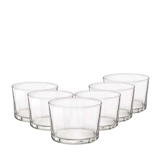 Set of 6 Bormioli Rocco Bodega mini whisky tumblers, 225ml glassware with clear, sleek design for spirits and cocktails.