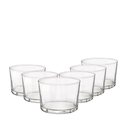 Set of 6 Bormioli Rocco Bodega mini whisky tumblers, 225ml glassware with clear, sleek design for spirits and cocktails.