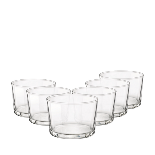 Set of 6 Bormioli Rocco Bodega mini whisky tumblers, 225ml glassware with clear, sleek design for spirits and cocktails.