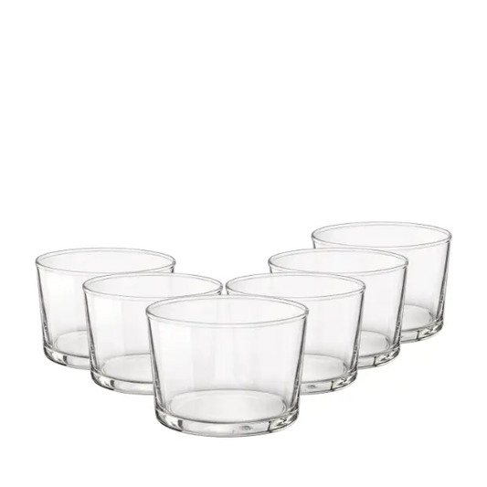 Set of six Bormioli Rocco Bodega mini whisky tumblers, 225ml glassware by Glassware UK, clear and stylish for serving spirits.