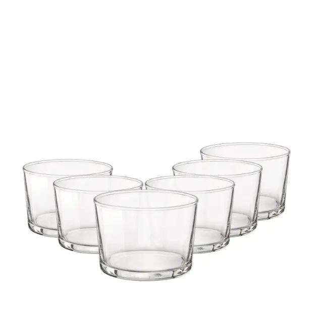 Set of six Bormioli Rocco Bodega mini whisky tumblers, 225ml glassware by Glassware UK, displayed on a neutral background.