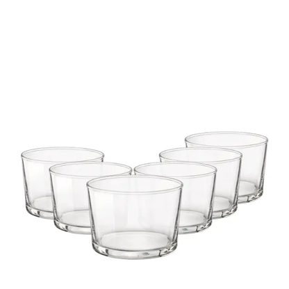 Set of six Bormioli Rocco Bodega mini whisky tumblers, 225ml glassware by Glassware UK, displayed on a neutral background.