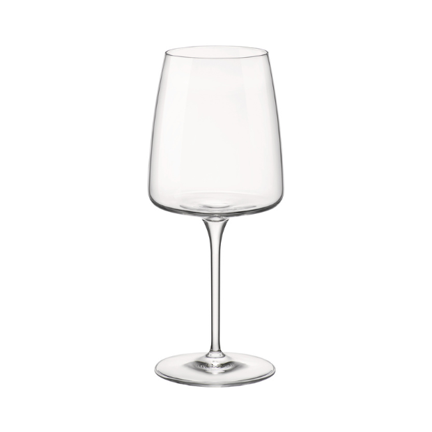 Set of four Bormioli Rocco Planeo Gran Rosso wine glasses, 555ml, clear glassware for red wine on a white background.