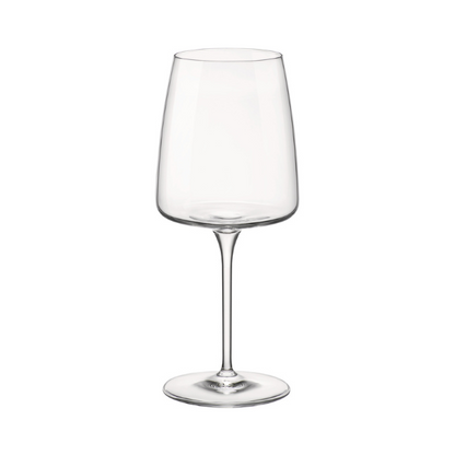 Set of four Bormioli Rocco Planeo Gran Rosso wine glasses, 555ml, clear glassware for red wine on a white background.