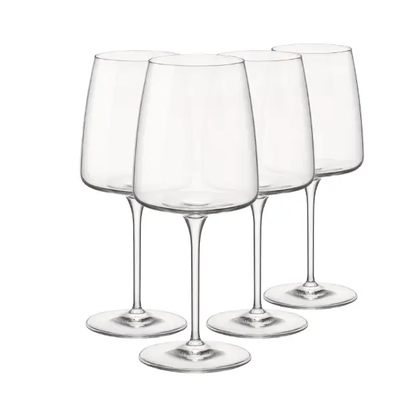 Set of four Bormioli Rocco Planeo white wine glasses, 380ml capacity, clear glass with elegant shape for serving white wine.