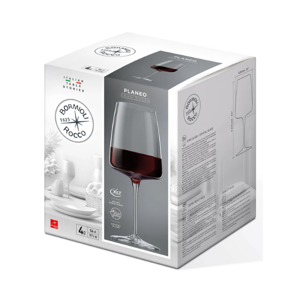Set of four Bormioli Rocco Planeo Gran Rosso wine glasses, 555ml capacity, clear glassware for red wine presentation.