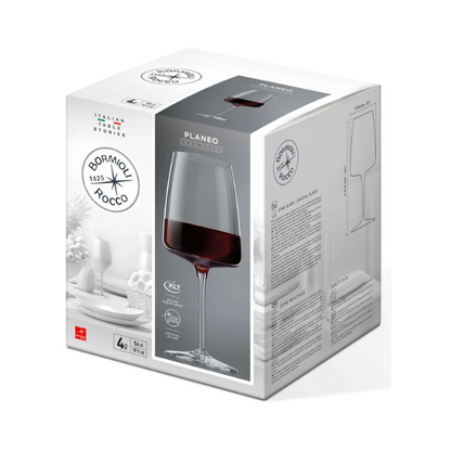 Set of four Bormioli Rocco Planeo Gran Rosso wine glasses, 555ml capacity, clear glassware for red wine presentation.