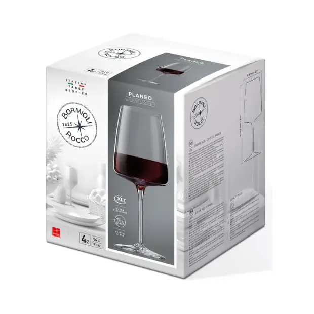 Set of four Bormioli Rocco Planeo Gran Rosso wine glasses, 555ml, clear glassware for red wine, stylish and elegant drinkware.