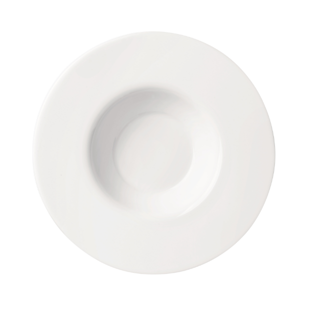 Bormioli Rocco glass risotto bowl with clear, rounded design for serving pasta, rice, or salads in elegant glassware.