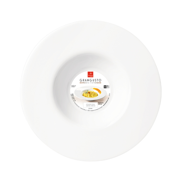 Bormioli Rocco glass risotto bowl with clear, rounded design for serving rice or salads, on a white background.