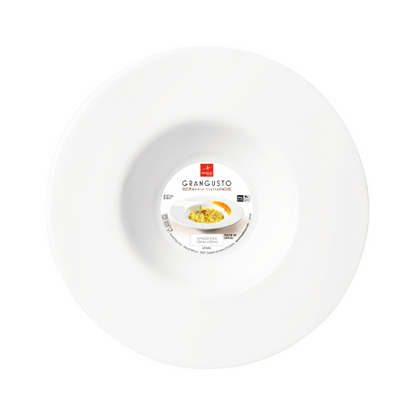 Bormioli Rocco glass risotto bowl with clear, rounded design for serving rice or salads, on a white background.