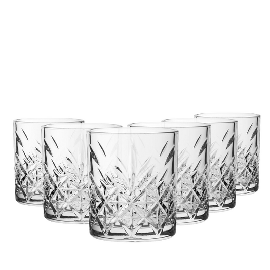 Set of six Timeless Fully Cut Whisky Tumblers from Glassware UK, 355ml, clear and elegant glassware for enjoying whisky.