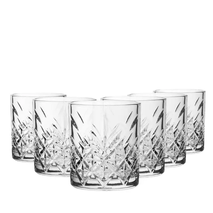 Set of six Timeless Fully Cut Whisky Tumblers by Glassware UK, 355ml, clear glass with a classic cut design for enjoying whisky.