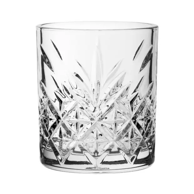 Set of six Timeless Fully Cut Whisky Tumblers by Glassware UK, 355ml, clear glass with intricate cut design, perfect for whisky.