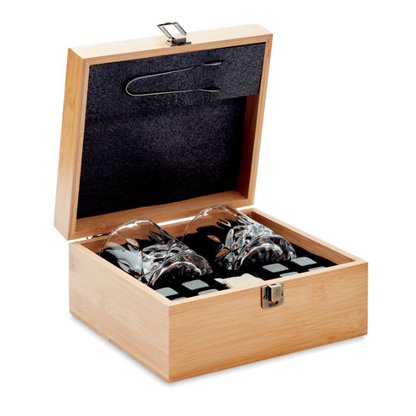 Luxury Bamboo gift set with two glass tumblers in a stylish bamboo box from Glassware UK for elegant gift-giving.