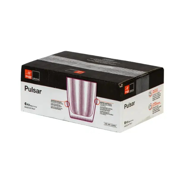 Set of six Bormioli Rocco Pulsar blue double old fashioned whisky tumblers, 390ml glassware with a modern design.
