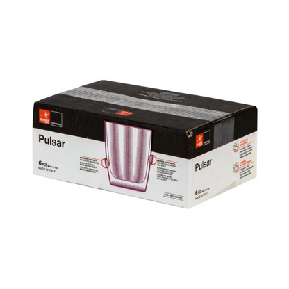 Set of six clear Bormioli Rocco Pulsar double old fashioned whisky tumblers, 390ml glassware on a white background.