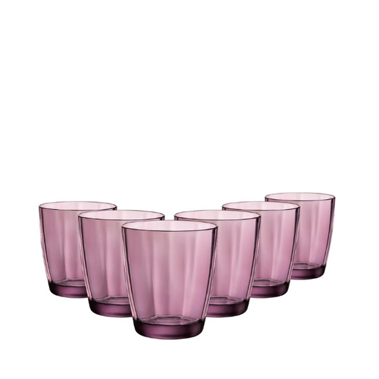 Set of six Bormioli Rocco Pulsar purple whisky tumblers, 390ml double old fashioned glasses, stylish glassware for drinks