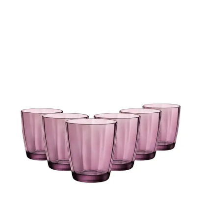 Set of six Bormioli Rocco Pulsar purple whisky tumblers, 390ml double old fashioned glasses with a modern design.