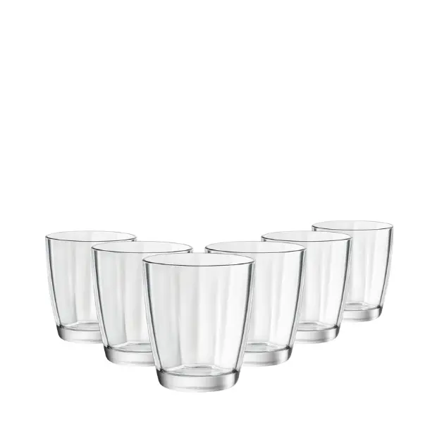 Set of six Bormioli Rocco Pulsar double old fashioned whisky tumblers in clear glass, 390ml capacity, by Glassware UK.