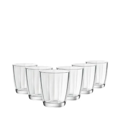 Set of six Bormioli Rocco Pulsar double old fashioned whisky tumblers in clear glass, 390ml capacity, by Glassware UK.