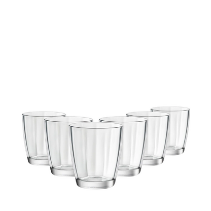 Set of six Bormioli Rocco Pulsar clear water glasses, 310ml whisky tumblers, with a sleek, modern design.