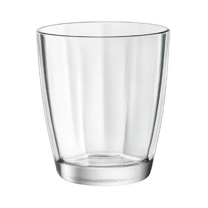 Set of six Bormioli Rocco Pulsar clear water glasses, 310ml whisky tumblers from Glassware UK, with a sleek, modern design.