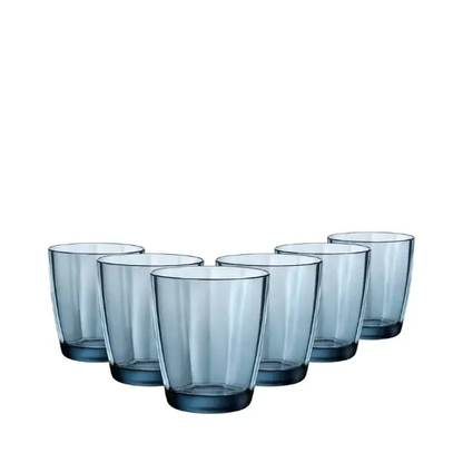 Set of six Bormioli Rocco Pulsar double old fashioned whisky tumblers in blue, 390ml capacity, designed for elegant drinkware.
