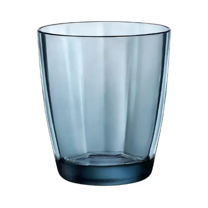 Set of six Bormioli Rocco Pulsar blue double old fashioned whisky tumblers, 390ml glassware with a modern design.