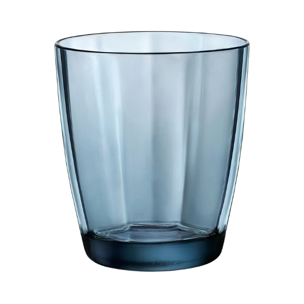Set of six Bormioli Rocco Pulsar blue whisky tumblers, 390ml double old fashioned glasses with a modern design.