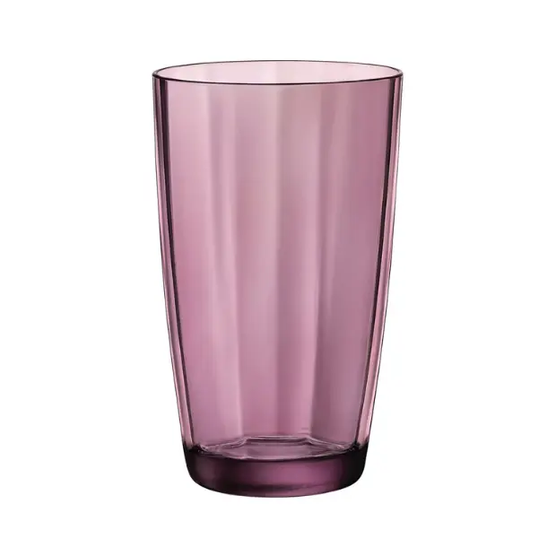 Set of six Bormioli Rocco Pulsar purple highball glasses, 470ml whisky tumblers, with vibrant purple glass and clear design.