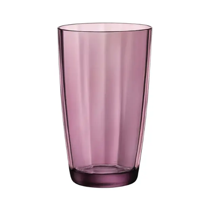 Set of six Bormioli Rocco Pulsar purple highball glasses, 470ml whisky tumblers, with vibrant purple glass and clear design.